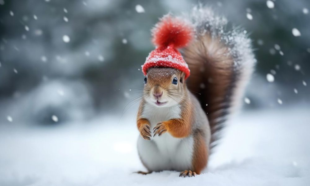 Eichhörnchen mit Mütze im Winter
